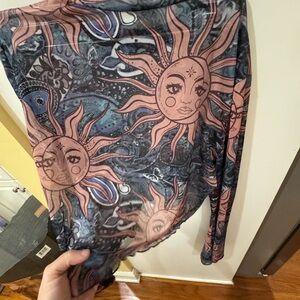 Sun and Moon Patterned Long Sleeve Sheer Top